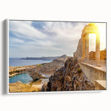 Vintage poster art of Athens with vibrant colors on a framed canvas, ideal for living room decor.