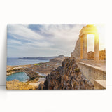 Black and white photo of Athens on stretched canvas, featuring architectural details, ideal for kitchen art.