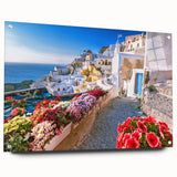 Acrylic print of a serene Crete landscape in soft blue and white tones, suitable for dining room decor.