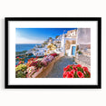 Colorful abstract art print of a European scenery in Crete, featuring vibrant hues on a textured, extra large canvas.