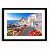 Colorful abstract art print of a European scenery in Crete, featuring vibrant hues on a textured, extra large canvas.