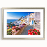 Extra large abstract art print of a serene Crete landscape in textured silver frame, ideal for living room decor.