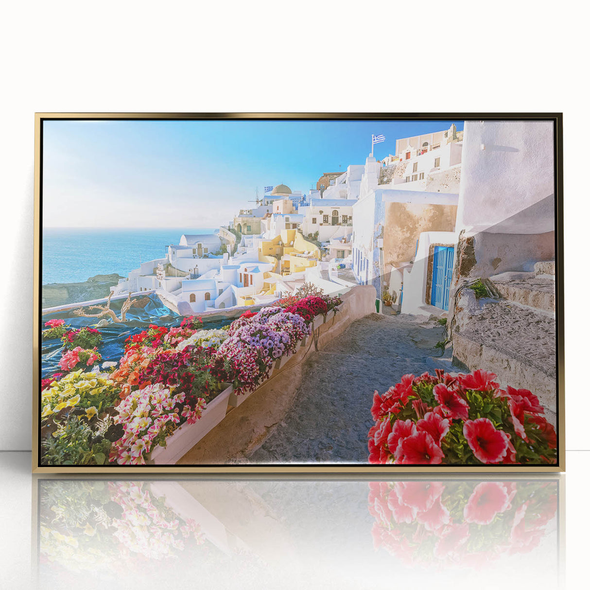Art deco poster of Crete landscape in gold frame, featuring serene blue and white tones, ideal for modern nursery wall art.