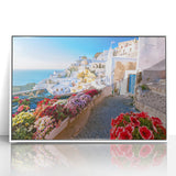 Mid-century modernist art depicting the Crete, Greece scenery in muted earth tones on a framed acrylic panel.