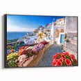 Black and white landscape art painting of Crete, Greece on framed canvas, suitable for bedroom wall decor.