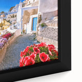 Extra large black wall art on canvas featuring a textured, colorful Greek Crete scenery, ideal for living room decor.