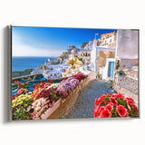 Framed canvas featuring a vintage-style landscape painting of Crete, Greece, with vibrant.
