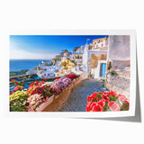 Extra large rolled print of Crete, Greece, featuring bright floral elements and Mediterranean blue tones.