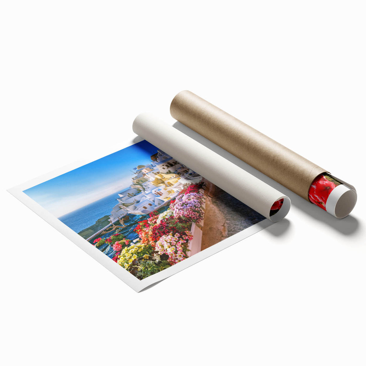 Extra large rolled print of Crete, Greece scenery with floral elements in soft color tones.