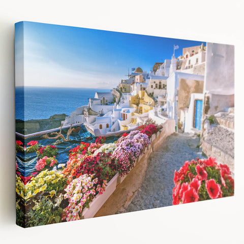 Landscape painting of Crete, Greece on stretched canvas, featuring vivid blue and white tones, ideal for kitchen wall art.