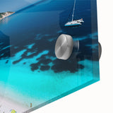 Large abstract depiction of Rhodes, Greece in vibrant blue and white tones on acrylic glass, suitable for dining room art.