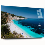 Acrylic print of a large abstract depiction of Rhodes, Greece, in muted blue and white tones.