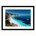 Colorful abstract art print of a European scenery, in a black frame with mat, ideal for living room decor.