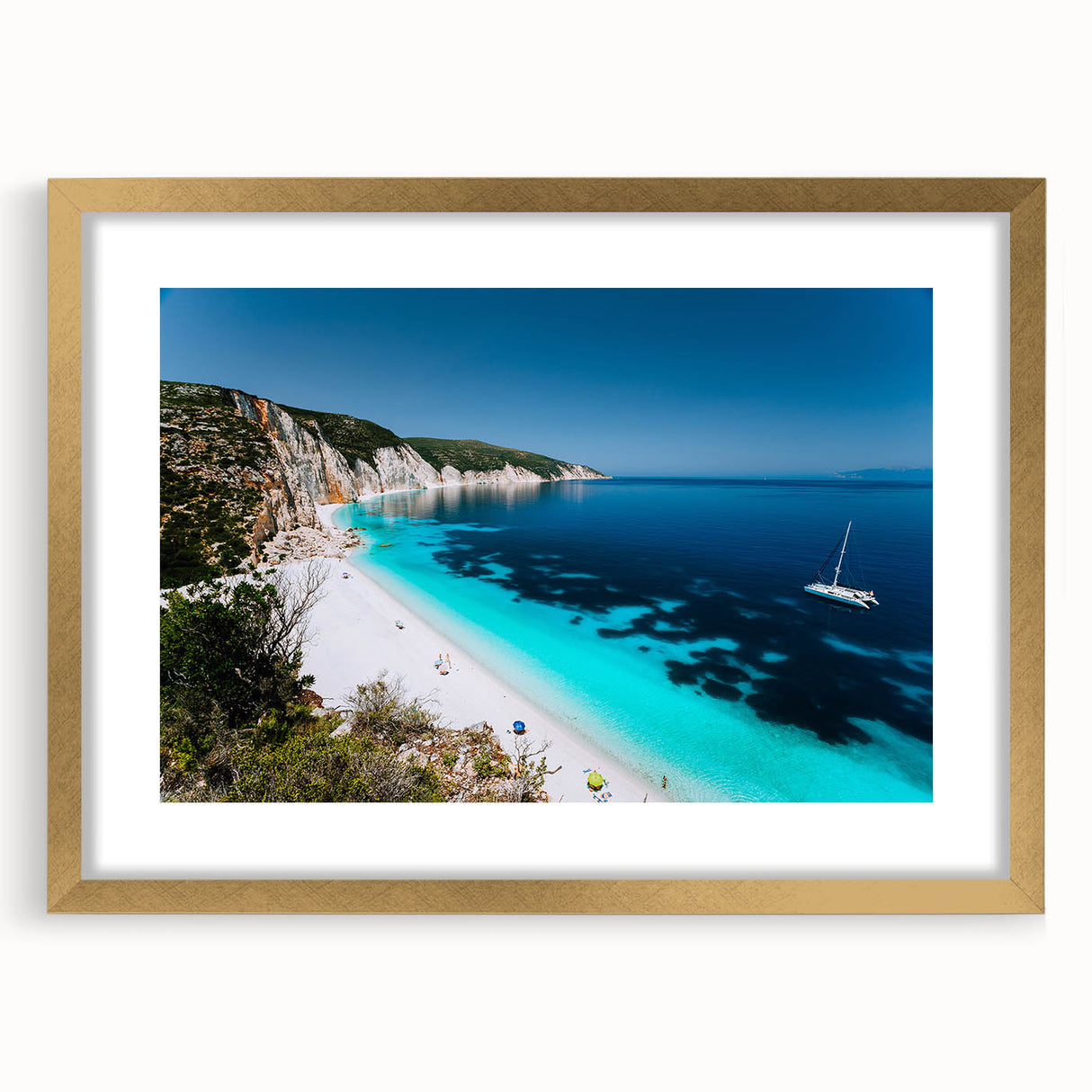 Abstract art print of Rhodes, Greece, in gold frame with vibrant blue and white tones, suitable for dining room decor.