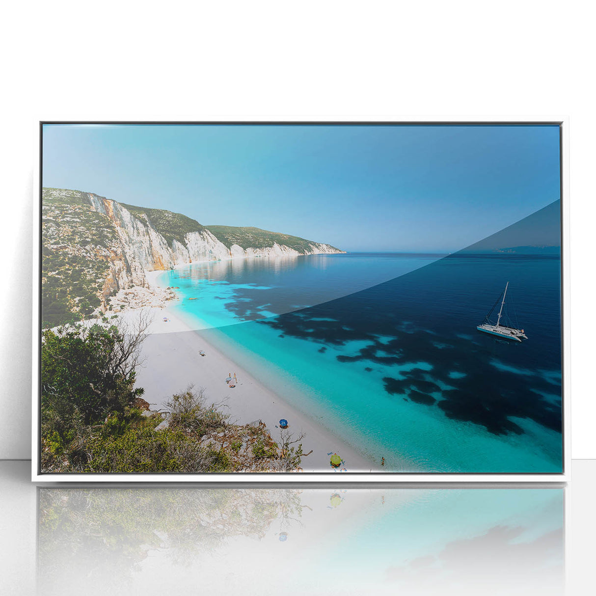 Acrylic print of Rhodes, Greece scenery in mid-century modernist style with pastel blue and white tones.