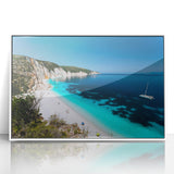 Acrylic print of Rhodes, Greece scenery in mid-century modernist style with pastel blue and white tones.