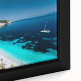 Extra large black wall art featuring a textured depiction of a colorful Rhodes, Greece scenery on a framed canvas.