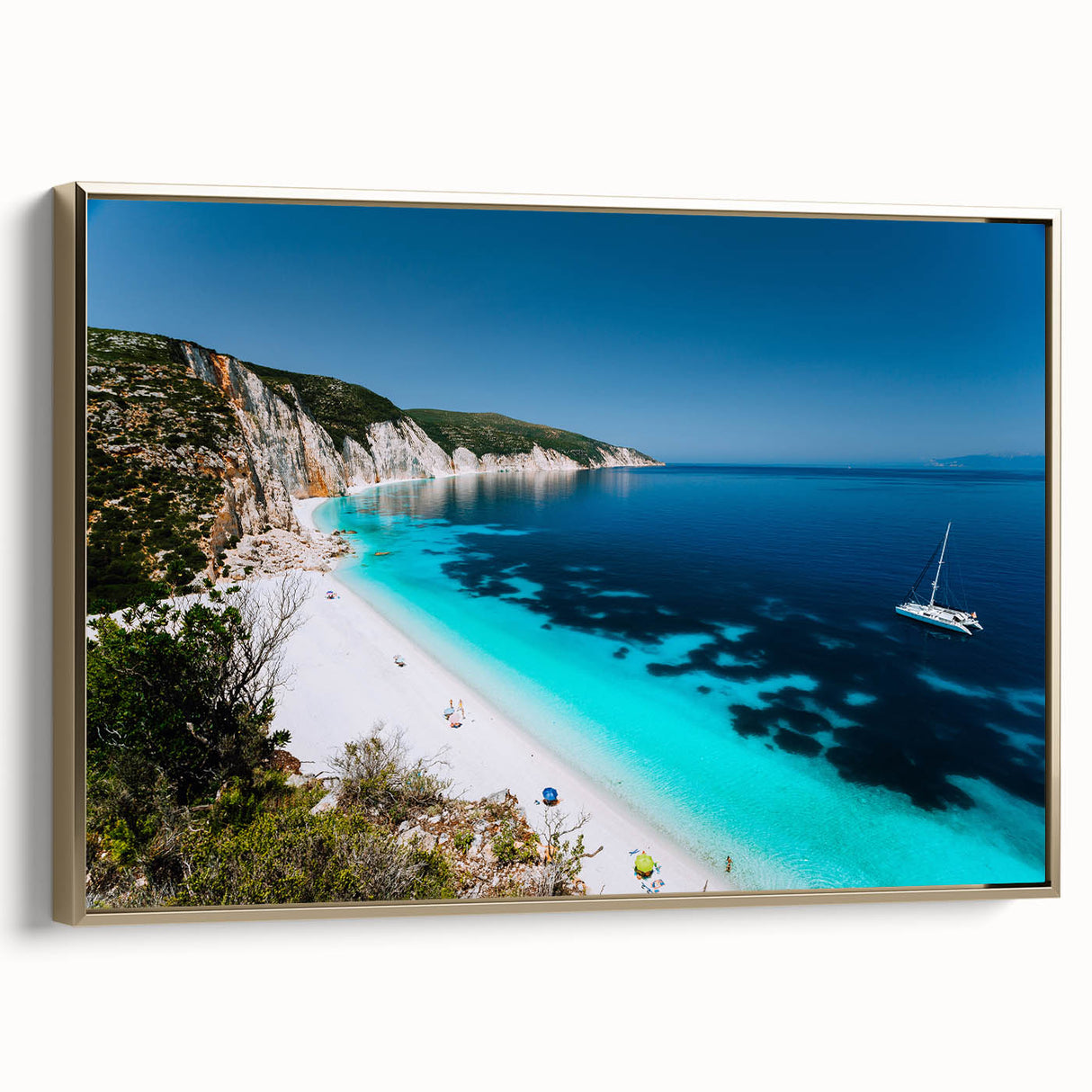 Framed canvas wall art depicting a vintage-style landscape of Rhodes, Greece, in black and gold tones.