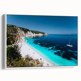 Vintage poster art of Rhodes, Greece, featuring colorful imagery on a large framed canvas, ideal for living room decor.