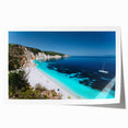 Rolled print of Rhodes, Greece scenery with vibrant blue and white tones, ideal for dining room wall art.