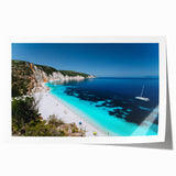 Rolled print of Rhodes, Greece scenery with vibrant blue and white tones, ideal for dining room wall art.