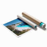 Extra large rolled print of a Rhodes, Greece scenery with vibrant floral elements, ideal for classy bathroom wall art.