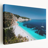Large canvas print of Rhodes, Greece scenery in vibrant blue and white tones, ideal for kitchen wall art.