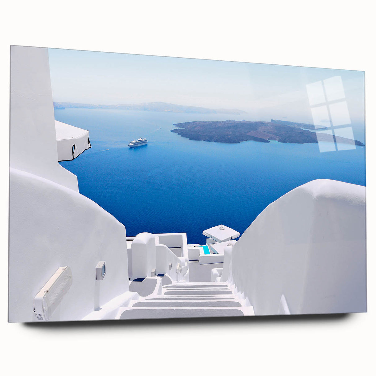 Acrylic print of Santorini landscape in pastel blues and whites, suitable for bedroom or dining room decor.