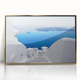 Acrylic print of Santorini scenery with gold frame, featuring vibrant blue and white tones, ideal for modern art wall decor.