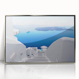 Framed acrylic print of Santorini landscape in soft blue and white tones, ideal for modern art wall decor.