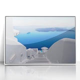 Mid-century modernist art depicting the Santorini landscape in pastel shades on a framed acrylic.