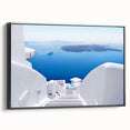 Black and white framed canvas of Santorini landscape, ideal for bedroom wall art.