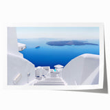 Rolled print of Santorini landscape with blue and white tones, ideal for art wall dining room.