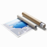 Extra large rolled print of Santorini scenery with blue and white tones, ideal for classy bathroom wall art.