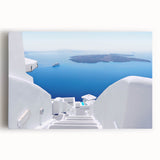 Black and white stretched canvas depicting the Santorini landscape, ideal for kitchen wall art or bedroom ambiance.