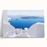Black and white image of Santorini on stretched canvas, ideal for kitchen wall art.