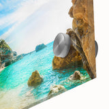 Acrylic print of a large abstract depiction of a European landscape, using mid-century modernist style.