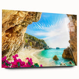 Acrylic print of a Greek landscape in muted blue and white tones, perfect for bedroom or dining room decor.