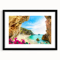 Colorful abstract art print of a European scenery in vibrant hues on a black framed canvas.