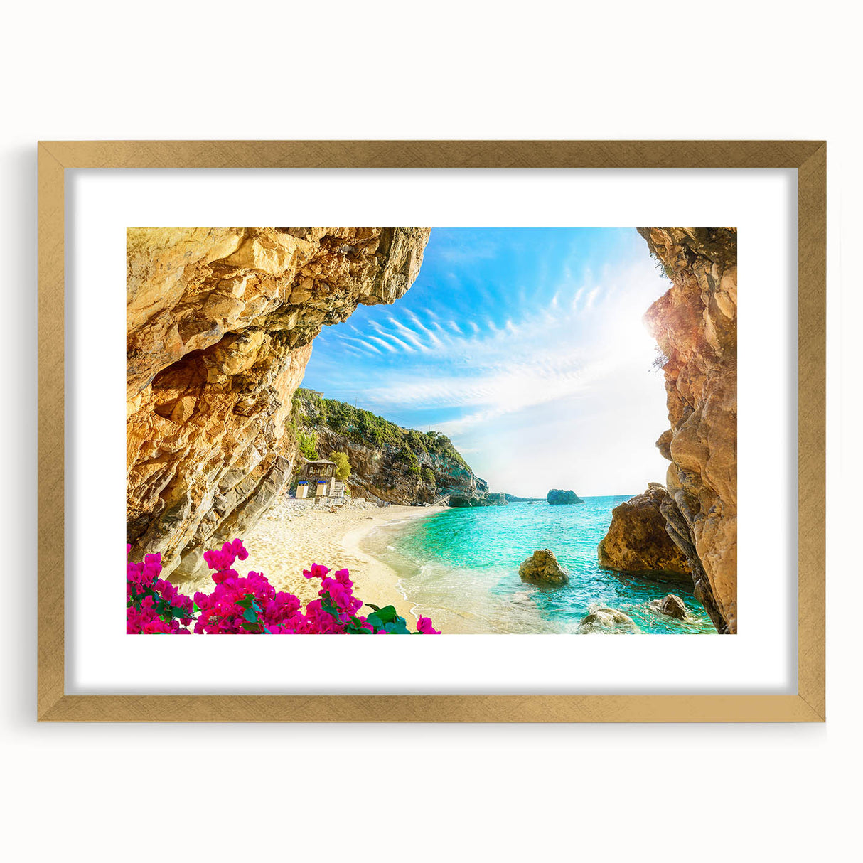 Abstract art print of a European landscape in muted earth tones, framed in gold, suitable for bedroom or dining room decor.
