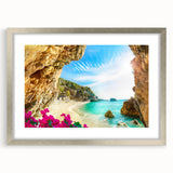 Extra large abstract art print of a European scenery in Greece, with textured silver frame, ideal for living room decor.