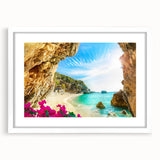 Textured abstract art print of a European scenery in Greece, using muted earth tones on a white framed canvas.