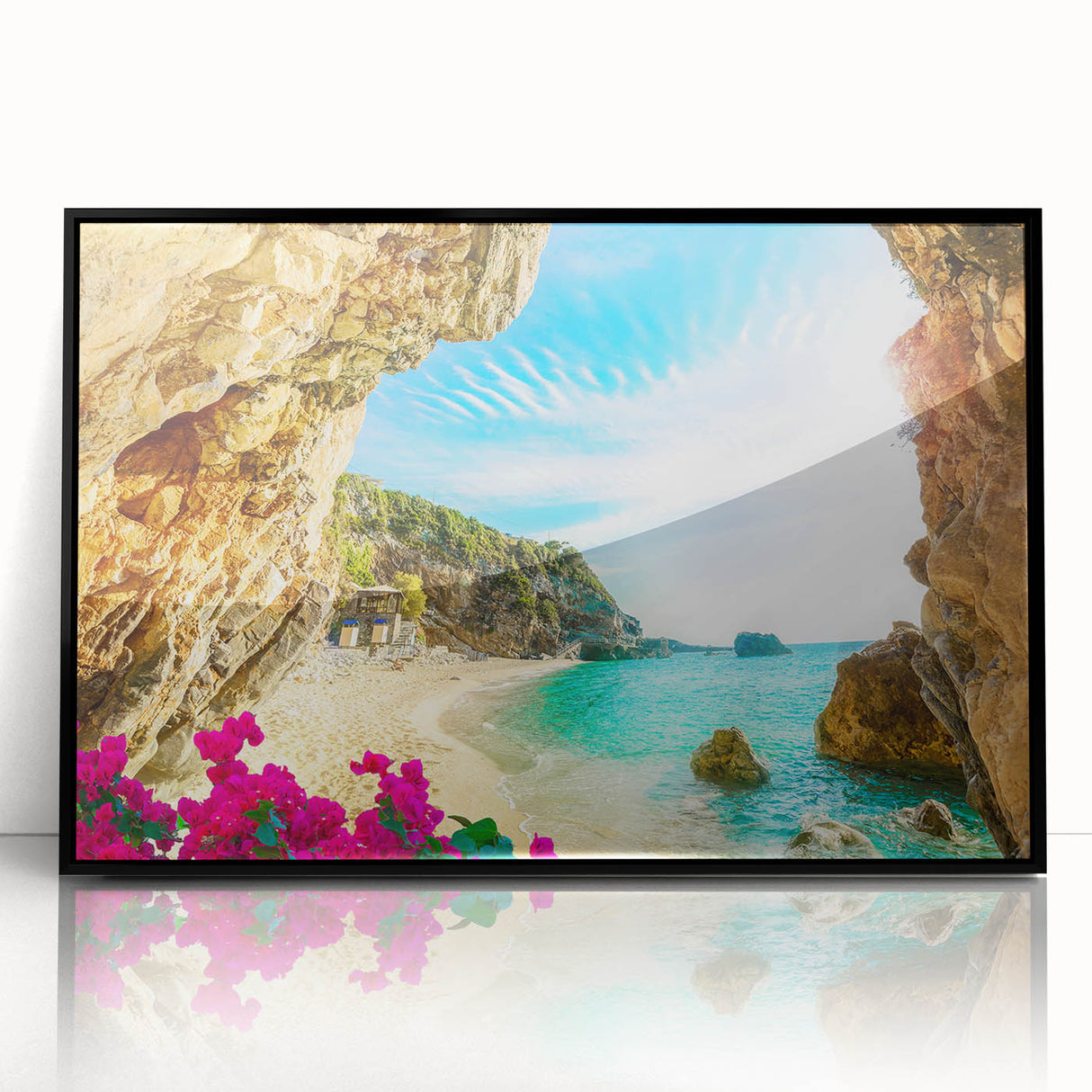 Large abstract wall art featuring a mid-century modernist depiction of a Greek landscape in muted earth tones.