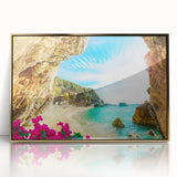 Acrylic print of a European Greek landscape in muted earth tones, framed in gold, suitable for modern art wall decor.