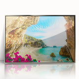 Large art print of a Greek landscape in muted earth tones on a silver-framed acrylic, suitable for modern art wall decor.