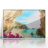 Mid-century modernist art depicting a serene Greek landscape on a white framed acrylic, featuring soft blue and white tones.