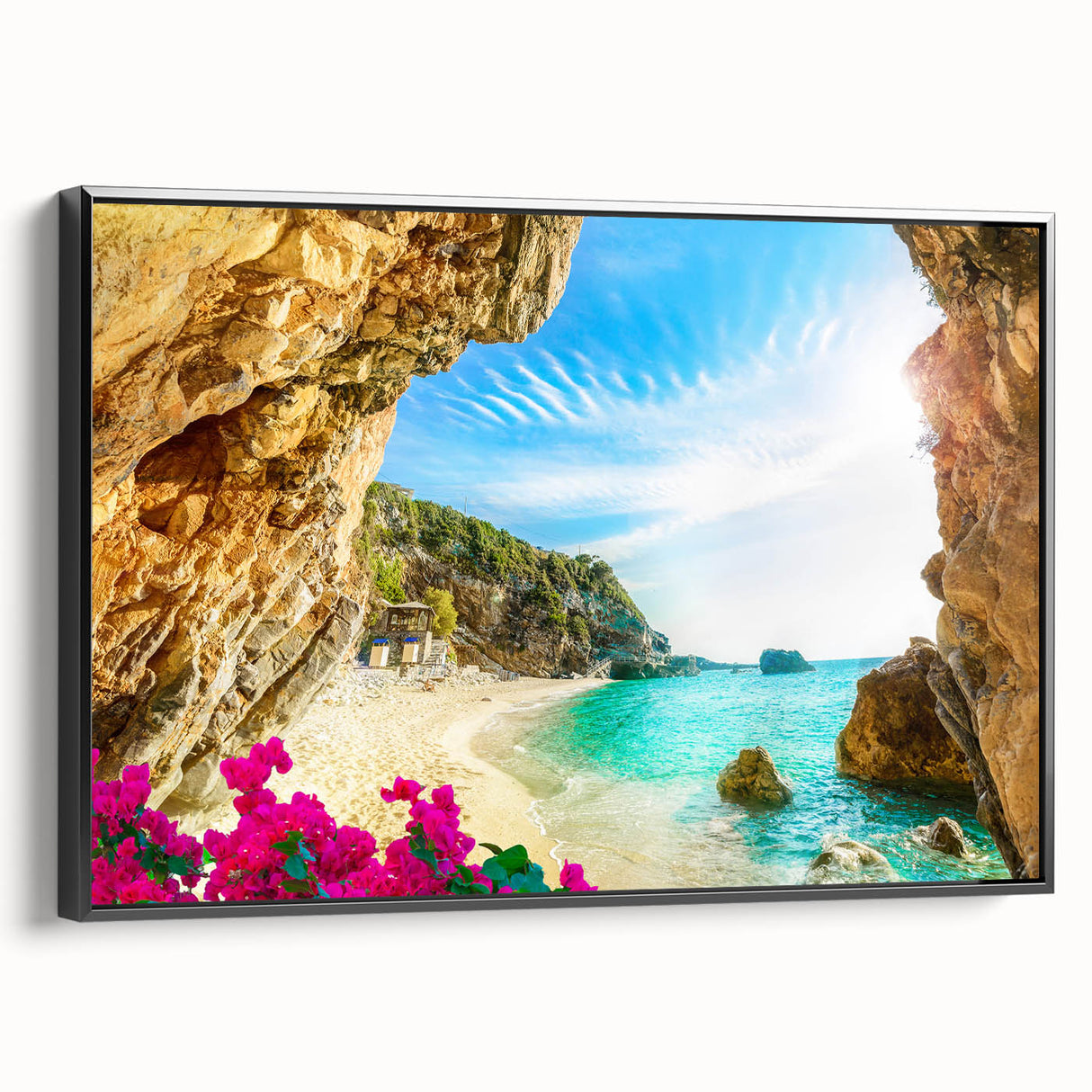 Black and white framed canvas of a vintage European landscape, ideal for bedroom wall decor.