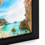 Extra large framed canvas of a textured, colorful Greek scenery in black, ideal for living room decor.