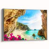 Framed canvas depicting a vintage-style Greek landscape in vibrant colors, ideal for enhancing living room decor.