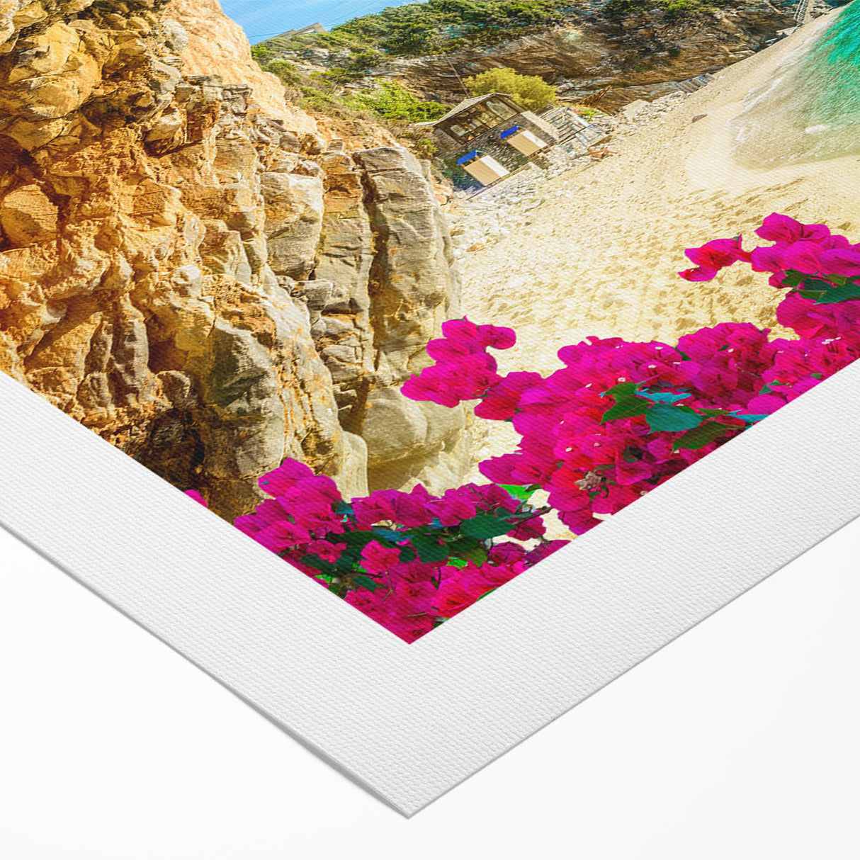 Art deco poster of a European Greek scenery in muted blue and white tones on rolled canvas.